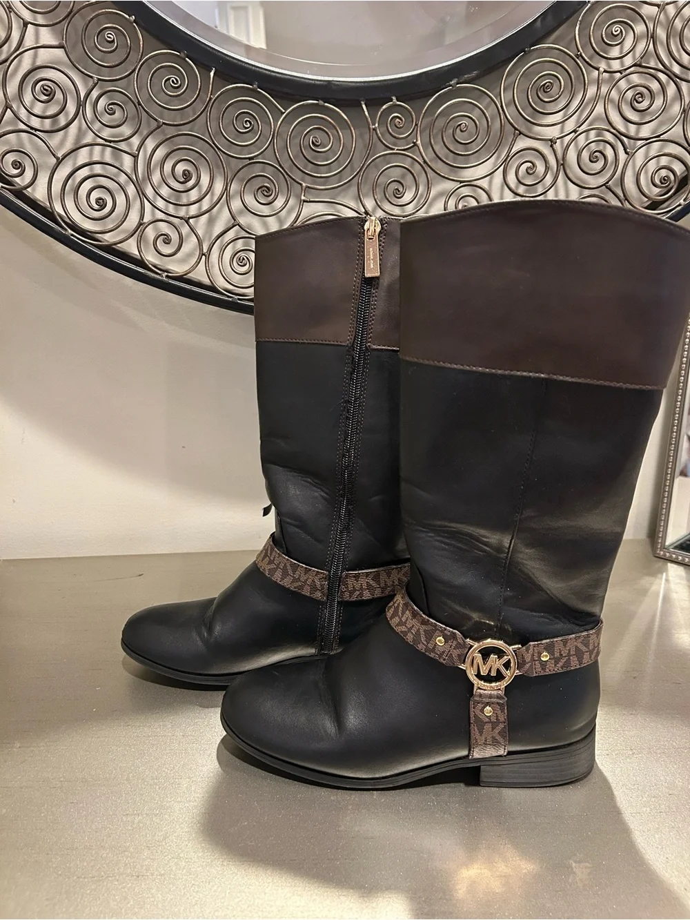 MICHAEL Michael Kors Black and Brown Logo Harness Mid-Calf Riding Boots